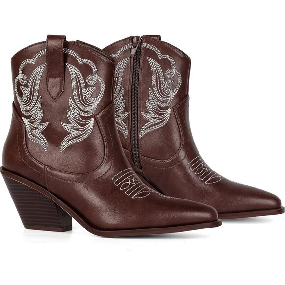 Women's Polyurethane Brown Pu Embroidered Round Toe Short Ankle Chunky Heel Boot - Picture 2 of 7